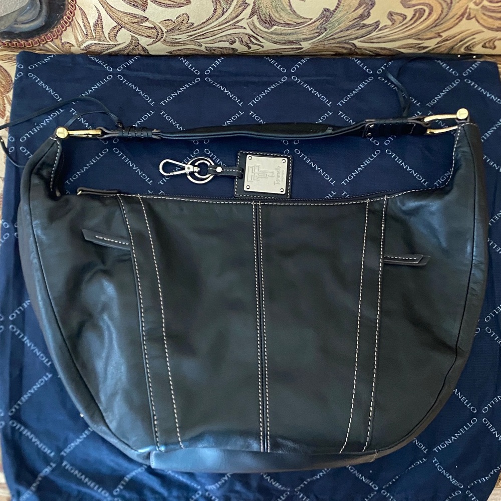 Tignanello Black Leather Hobo Shoulder Bag Gold Hardware Tassel Dust Bag